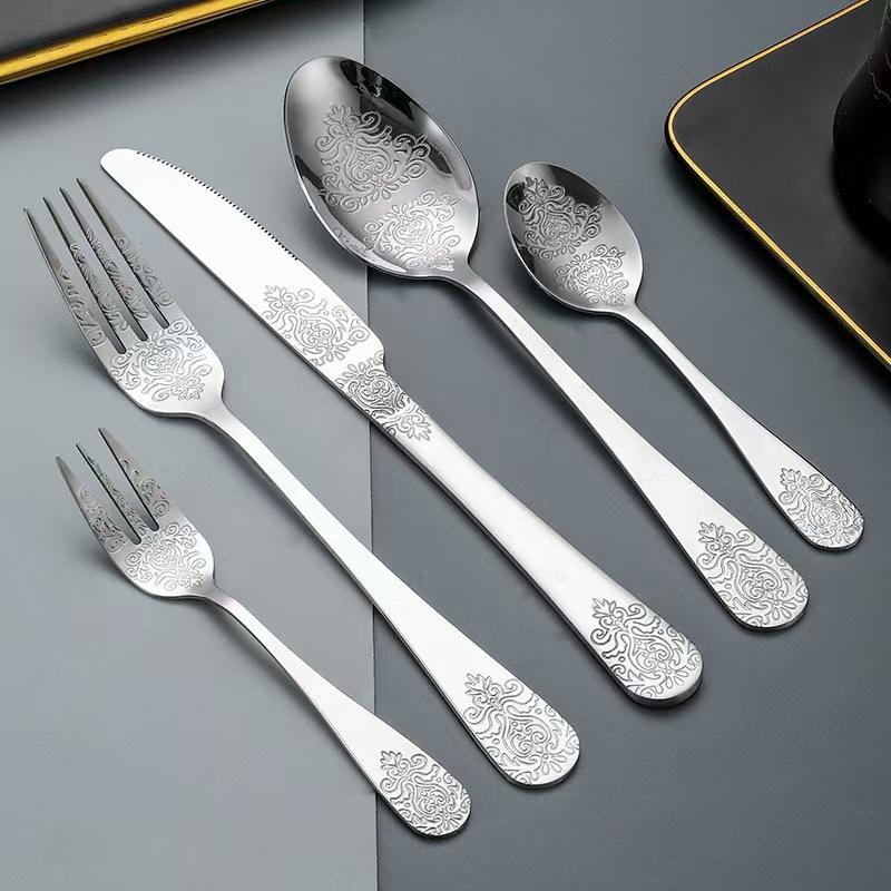 Light luxury pattern stainless steel western food tableware steak knife fork spoon retro mirror set