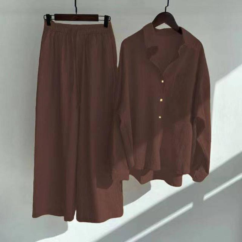 Women's Retro Two-Piece: Loose Shirt & High Waist Wide Leg Pants Suit