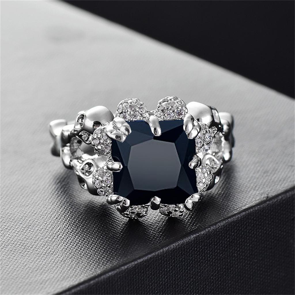 Exquisite Women Square Black Rhinestones Zircon Ring Fashion Gothic Punk Skull Ring for Female Wedding  Halloween Gifts