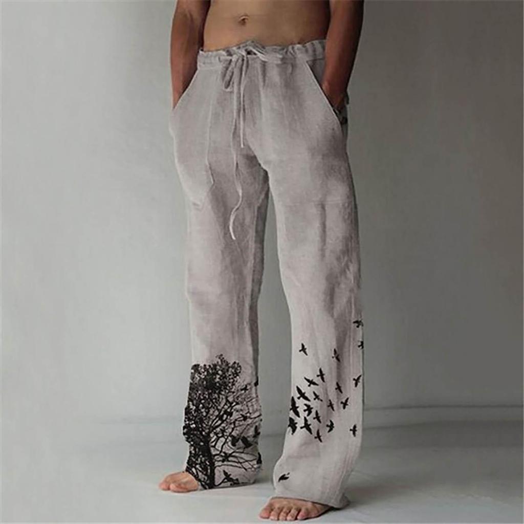 Men's Casual Loose Solid Color Cotton Linen Trousers Elastic Tie Print Trousers