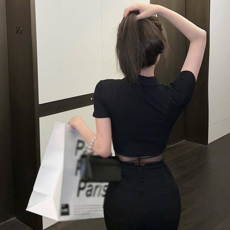 Slim Women's Short Sleeves Mesh Stitching Perspective Jumpsuit  One-piece