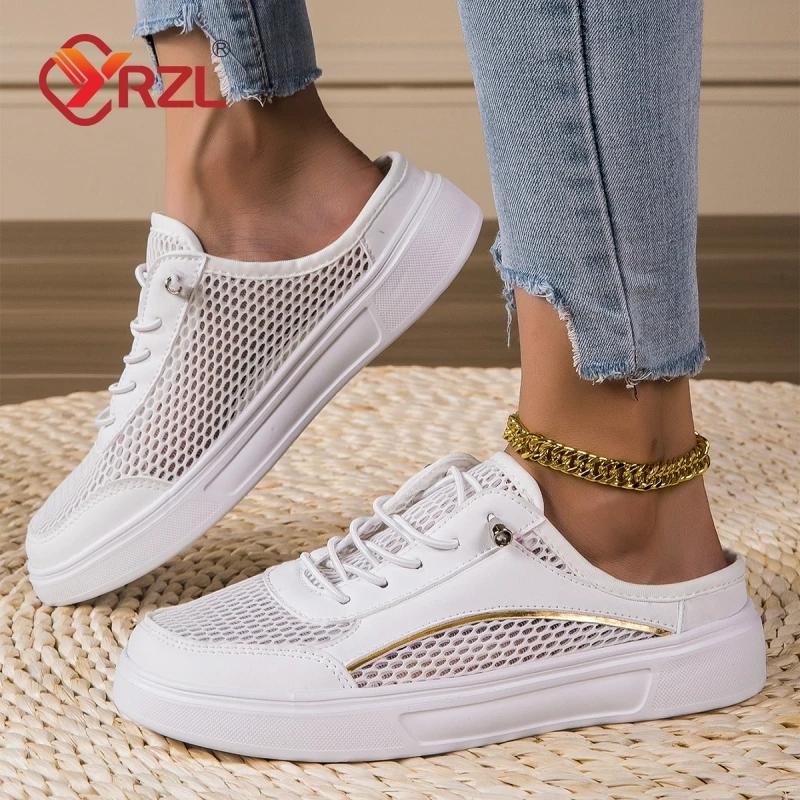 YRZL Women's Versatile Men White Shoes Thin Breathable Mesh Shoe Sandals White Outdoor Female Flat-bottomed Baotou Half Slippers