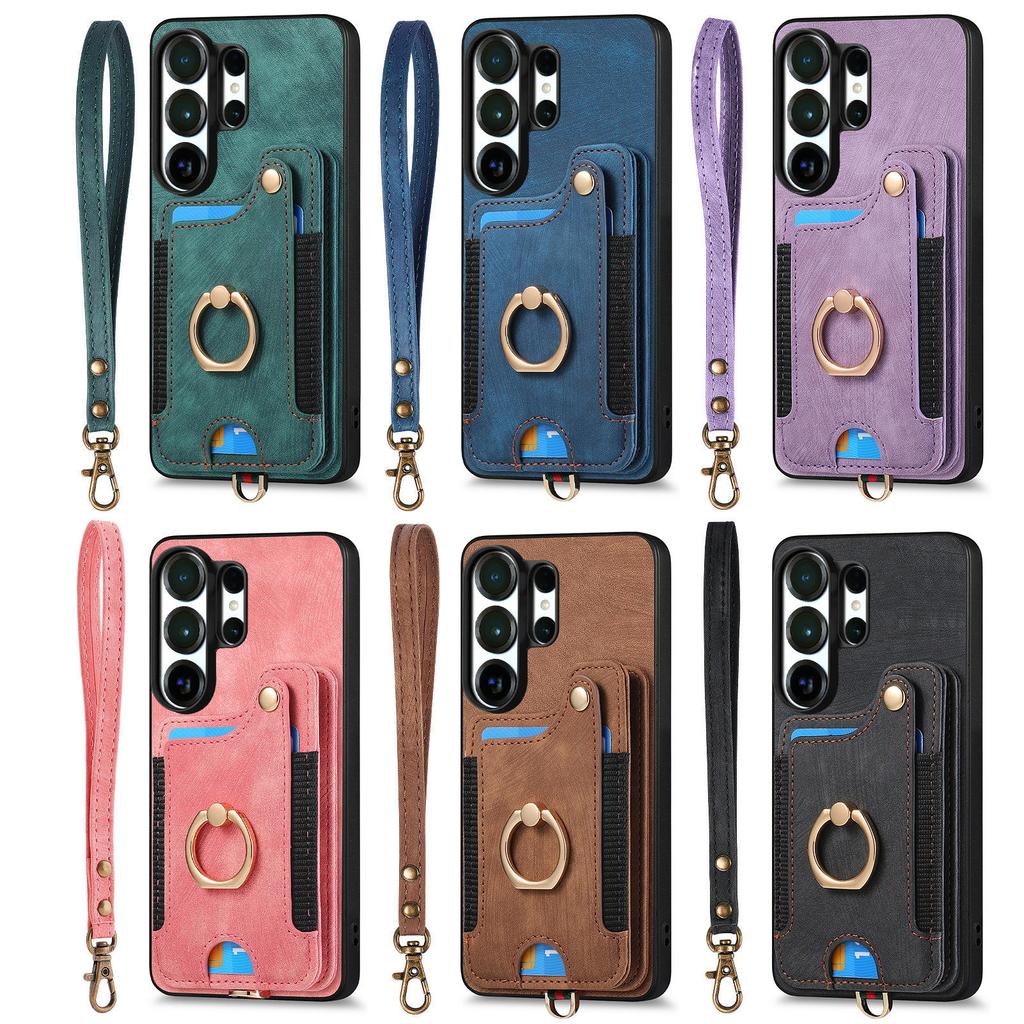 Ring Holder Cards Solt Leather Wallet Case For Samsung S25 Ultra S24 Plus S23 A16 A17 A07 Magnetic Kickstand Pocket Strap Cover