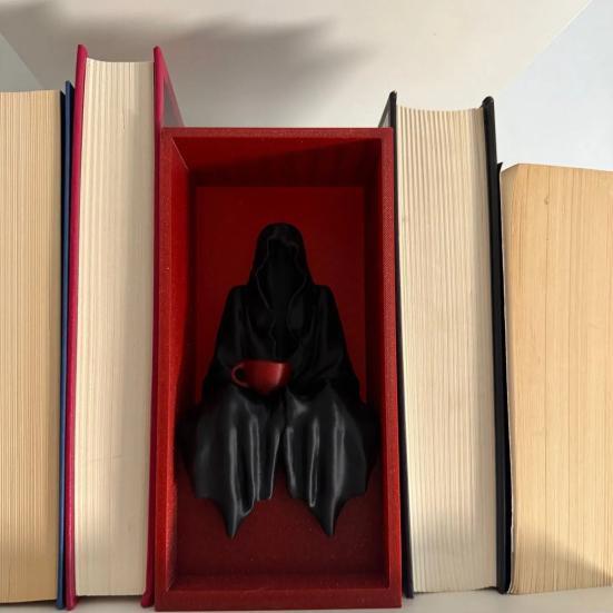 Sitting Grim Reaper Statue Spooky Bookshelf Decoration Gothic Black-Robed Man