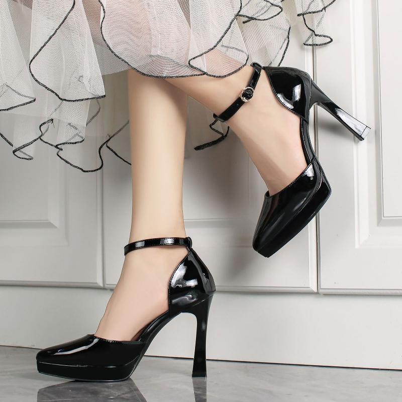 Fashion Sexy High Heel Single Shoes for Women with Buckle Elegant Mary Jane Waterproof Platform Painted Leather Wedding Party Shoes