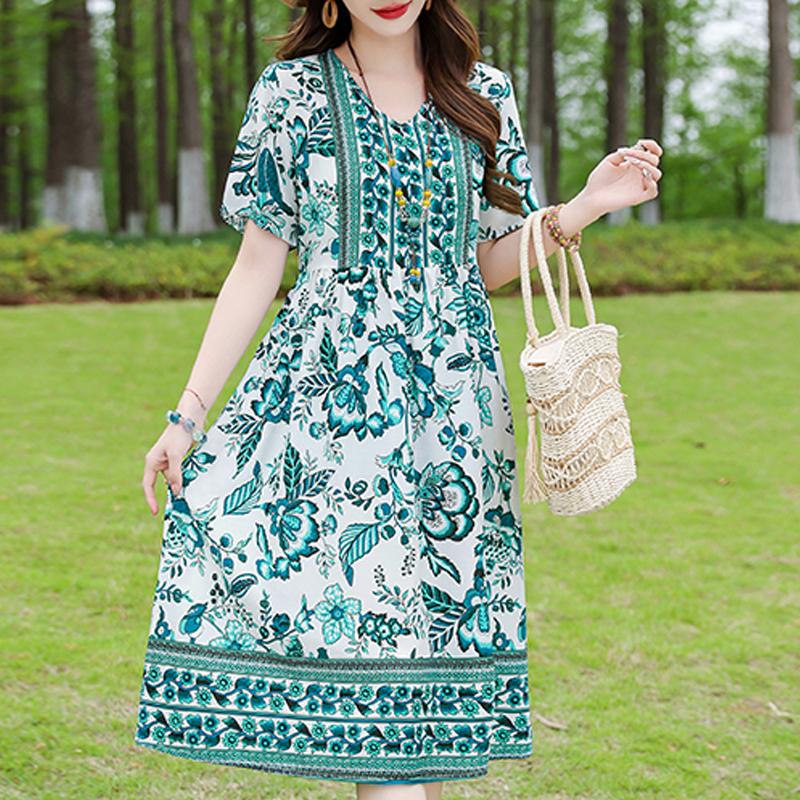 Elegant Women's Dress Summer Vintage Clothes Loose Short Sleeve Plus Size Casual Long Dresses