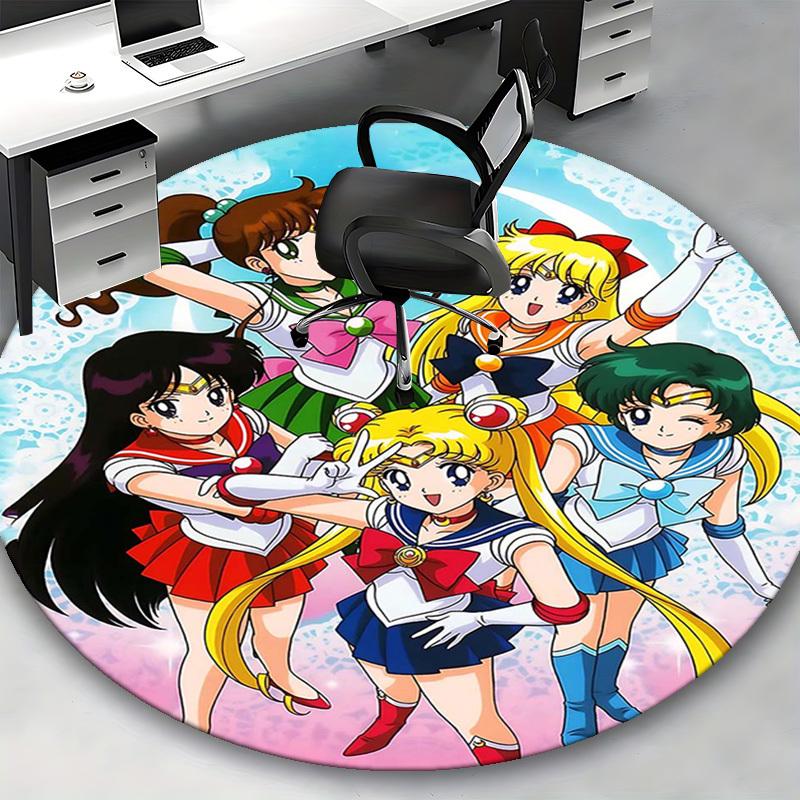 1 Stück Sailor Moon Anime Runder Teppich Bürostuhlmatte, Rutschfeste Matte für Heimdekoration, Wohnzimmer, Schlafzimmer, Spielzimmer
