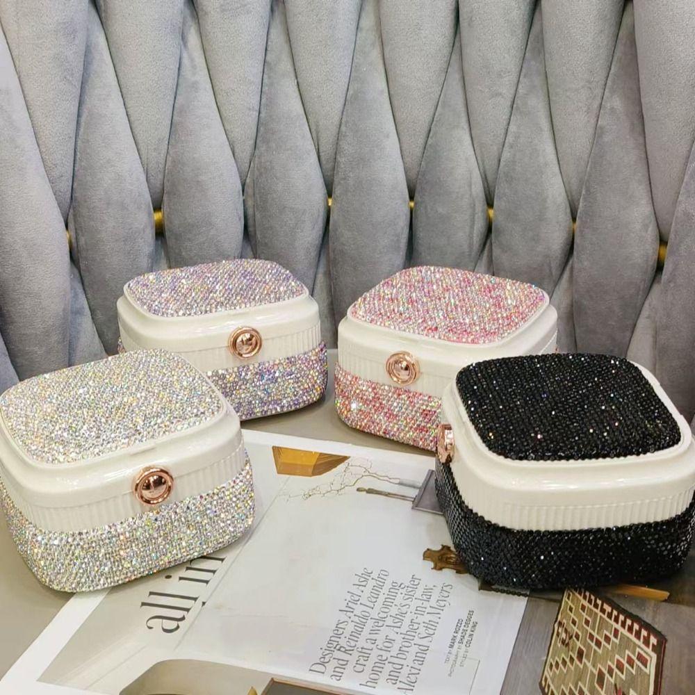 Creative Rhinestone Jewelry Box with Mirror Ring Storage Makeup Box For Women Girls