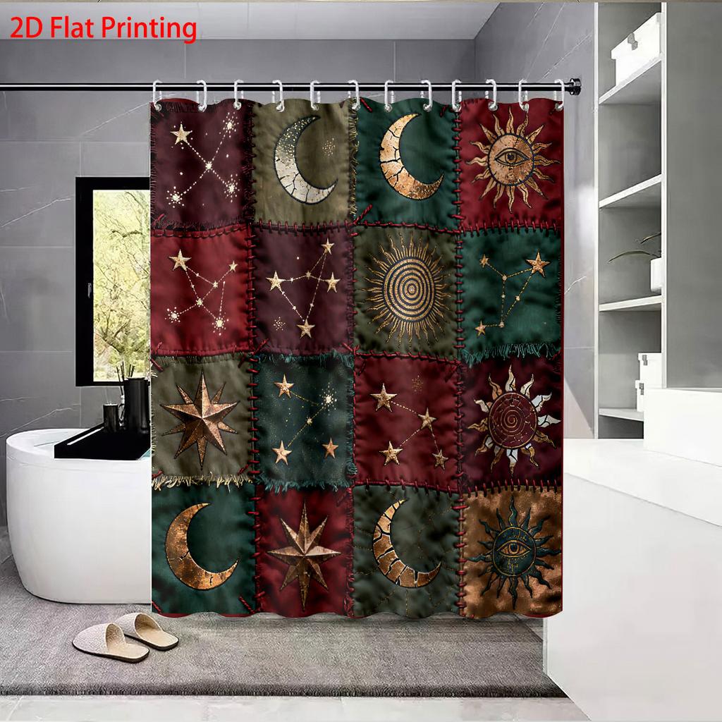 1Pc Fabric Sun Moon Splicing Print Waterproof Shower Partition Privacy Hanging Curtain 12 Hook Multiple Size Easy Installation
