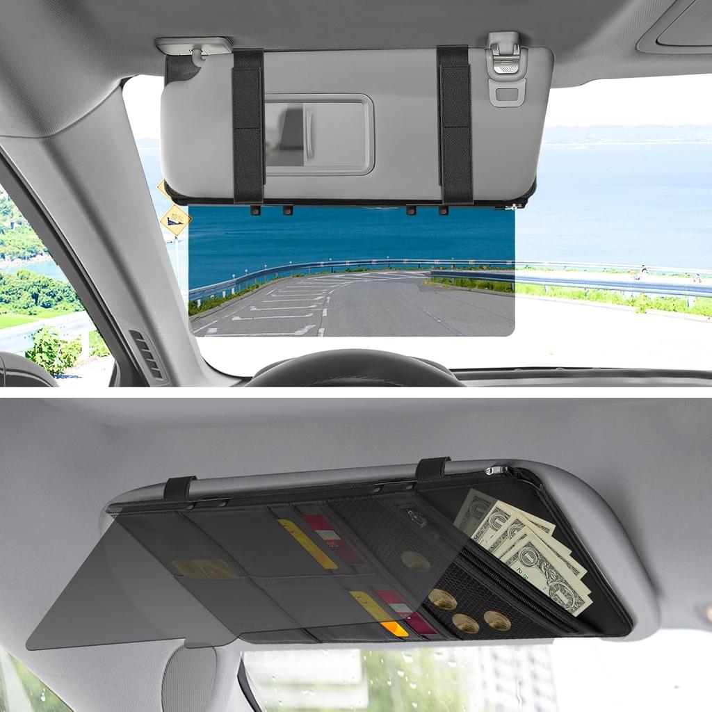 Polarized Sun Visor For Car With Organizer, Upgraded Adjustable Visor Extension, Handmade PU Leather Universal Sun Visor Extender Protects From Sun