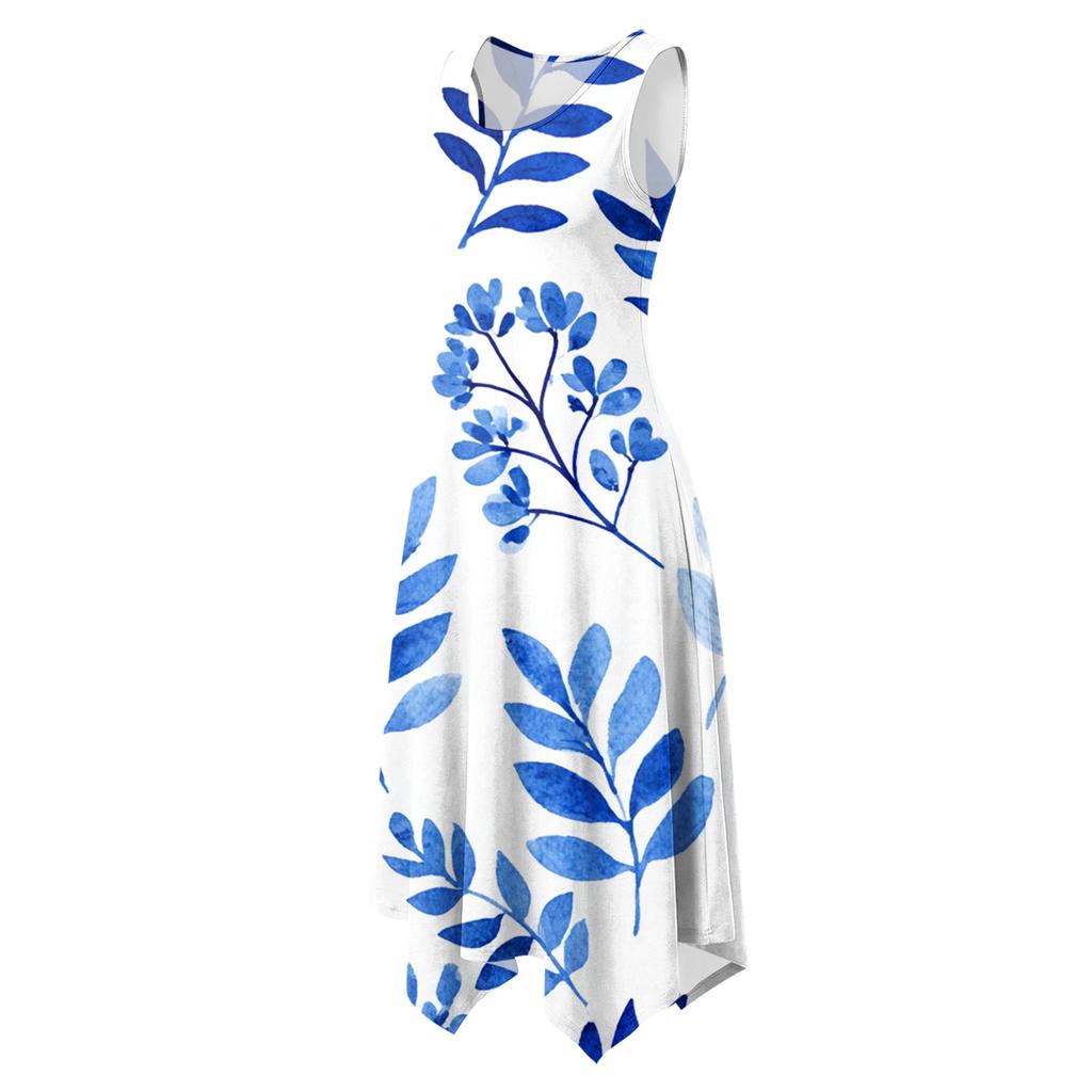 Women's Casual Sleeveless Floral Print Dress Round Neck Irregular Hem Mid-Length Dress Lightweight Summer Dress