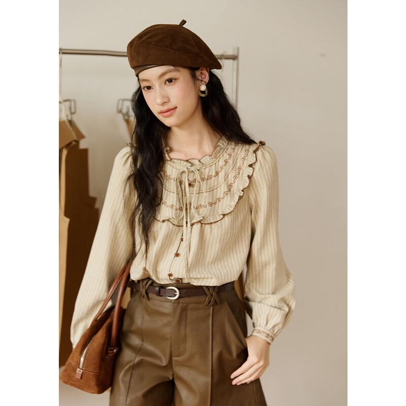 MiXiu Women's Autumn Ruffle Collar Striped Lazy Fit Shirt