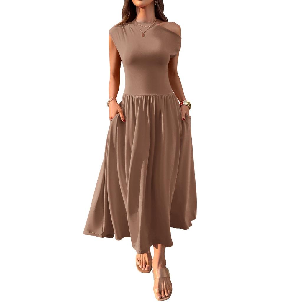 Women's Asymmetric Neck Sleeveless Maxi Dress Slim Fit Elastic Waist Casual Pocket Long Dress