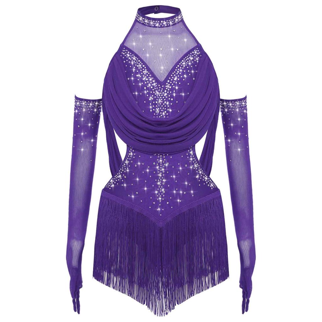 Jenter Latin Dansedrakt Rynket Mesh Design Utringning Dusker Glimrende Rhinestones Leotard med Matchende Hansker