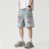 Pantaloncini in Denim Elasticizzato con Patch Ricamato Taglio Dritto Ampio Streetwear per Uomo Donna