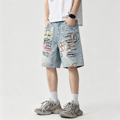 Hoge Stretch Afgewerkte Denim Shorts voor Heren en Dames Met Geborduurd Patch Losse Rechte Pasvorm Streetwear