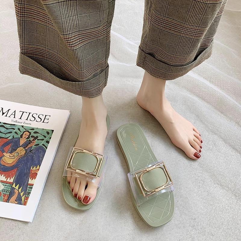 Korean Aesthetic Square Buckle Slides, Clear Strap Student Flip Flops, Summer Casual Sandals for Campus & Street Style