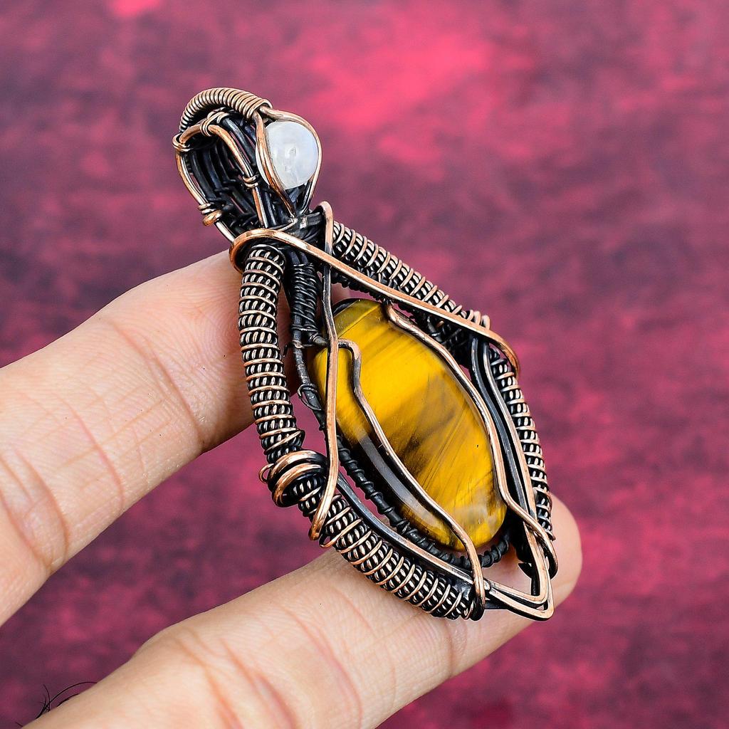 Tiger's Eye Real Gemstone Pendant Copper Wire Wrapped  Rainbow Moonstone Jewelry
