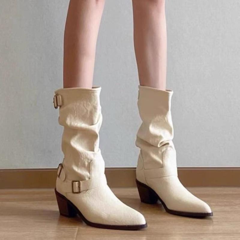 Fashion Autumn Winter Vintage Thick Heel Women Western Cowboy Boots Slip On Belt Buckle Shoes Ladies Mid Calf Botas Zapatos De Mujer
