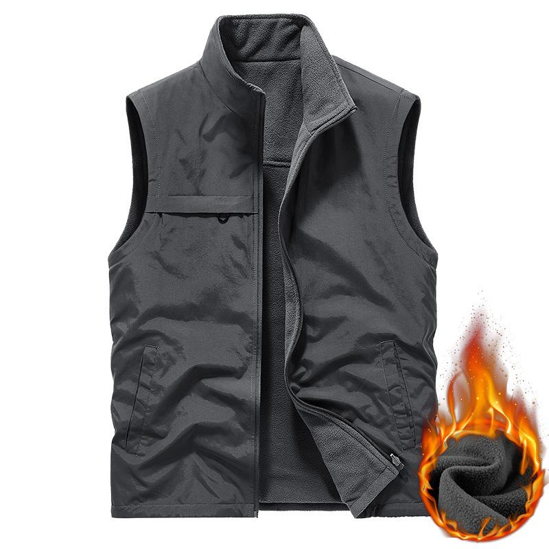 Autumn and Winter Middle-aged and Elderly Men's Vest Velvet Dad Sleeveless Stand-up Collar Multi-pocket Quick-drying Vest Large Size Vest