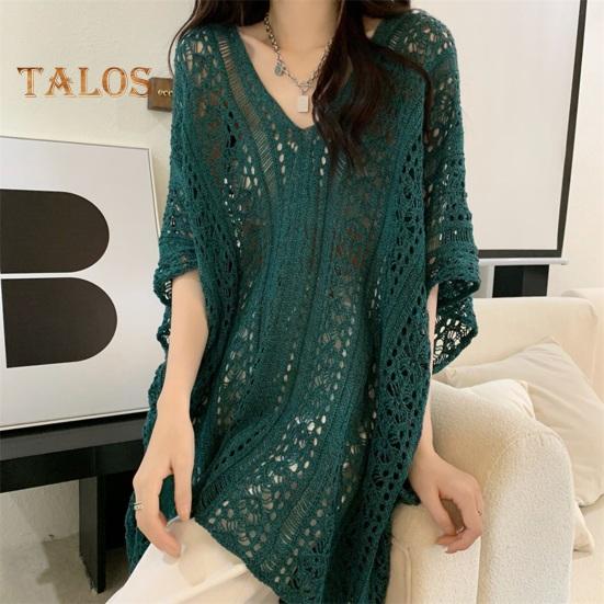 Cover Up Dress V-Neck Short Sleeve Hollow Out Breathable Loose Fit Summer Tops Beach Bikini Cover Up