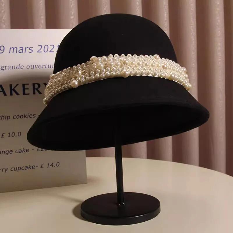 WTEMPO French-style Chic Retro Elegant Pearls Bucket Hats Women Autumn Winter Stylish Easy To Match Warm Solid Color Fedoras