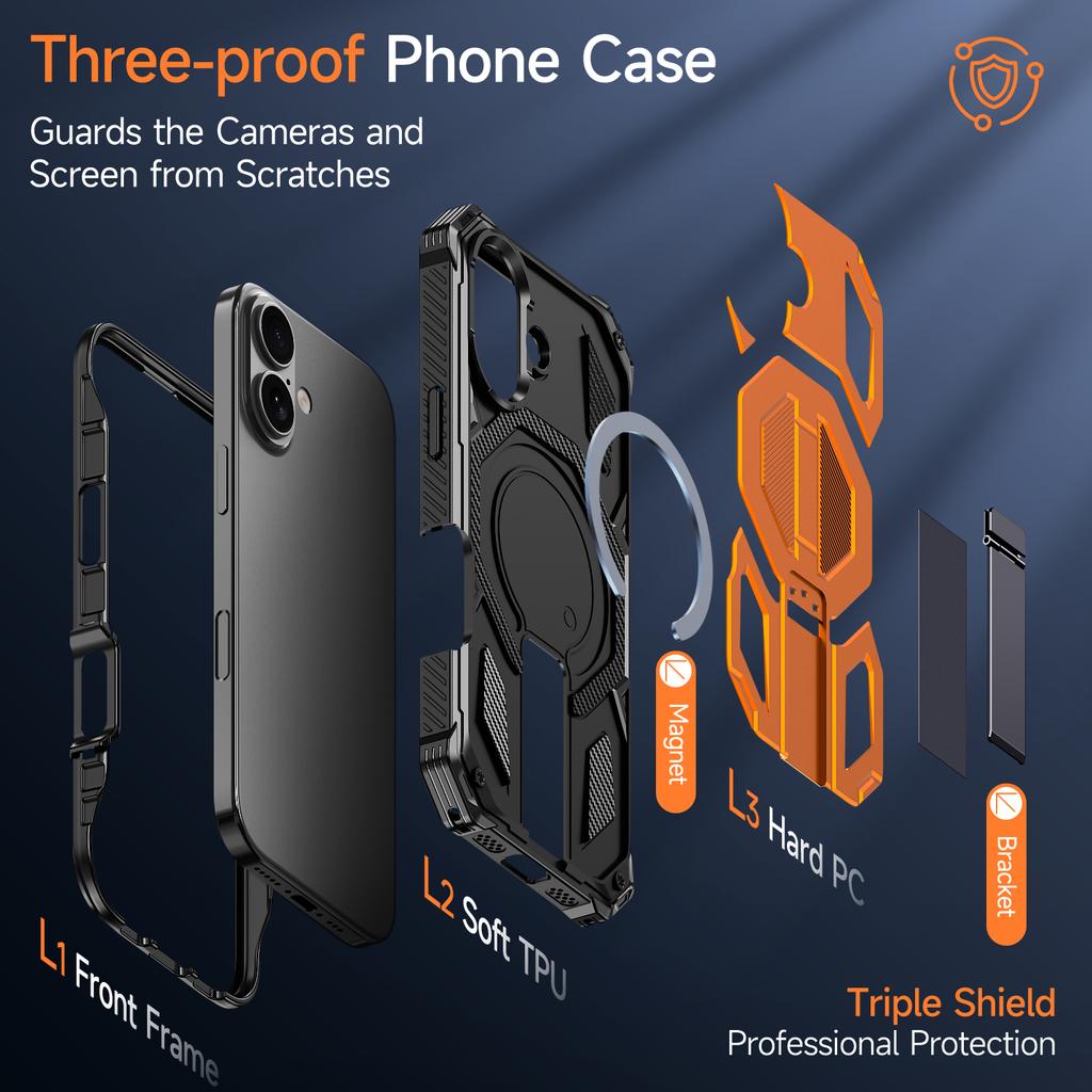 For iPhone 17 Magnetic Case Rotating Kickstand PC + TPU Shockproof Drop-proof Phone Cover