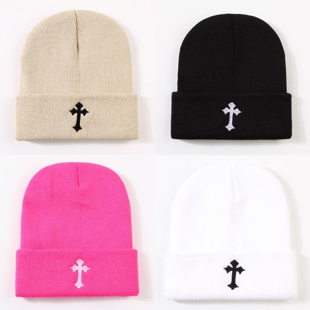 Cool Hat Exquisite Cross Embroidery Unisex Warm No Brim Knitted Hatsbeanie