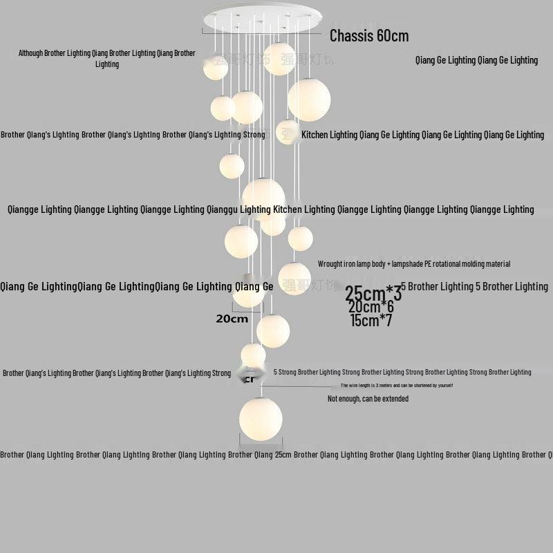 Minimalist Rotating Stair Chandelier: Irregular Long Duplex Pendant with Large Round Ball in Cream