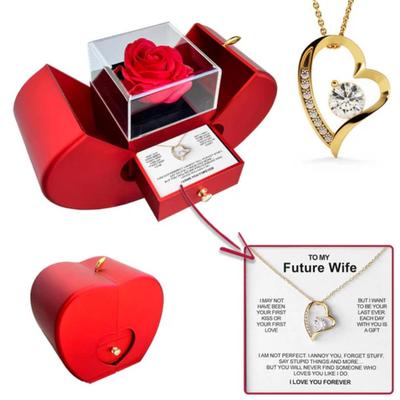 Heart Necklace & Rose Eternal Flower Gift Box Set for Valentine's, New Year, Christmas
