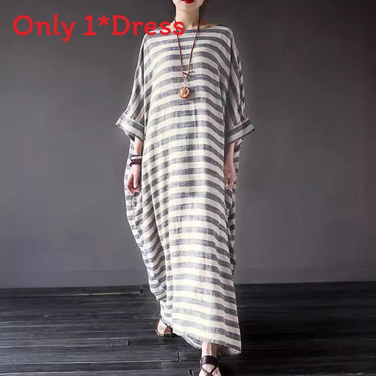 Vintage Linen Cotton Striped Long Dress With Loose Fit For Casual Women