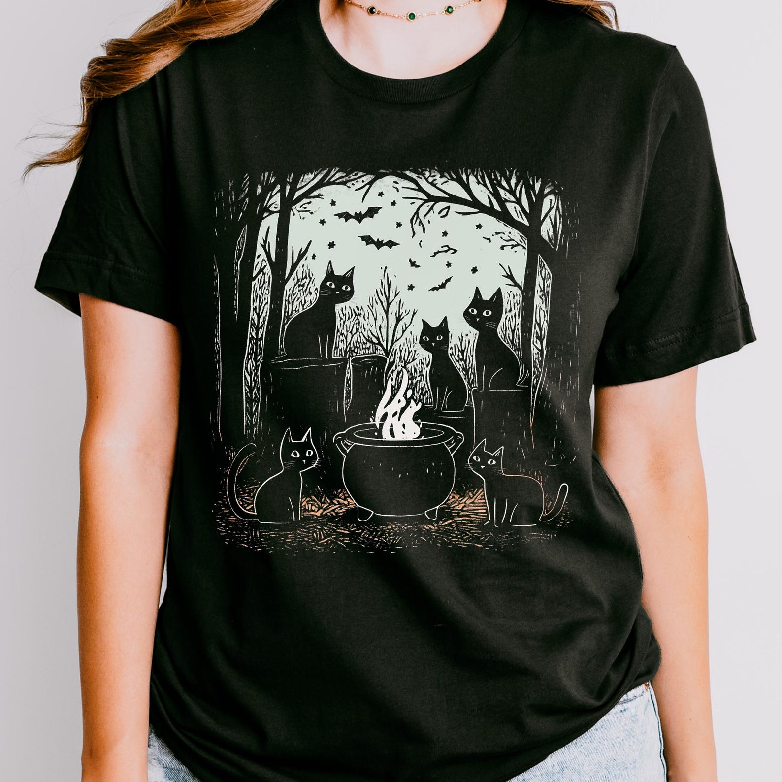 Witchy Black Cat Cauldron T-Shirt - Mystical Coven Graphic Tee S