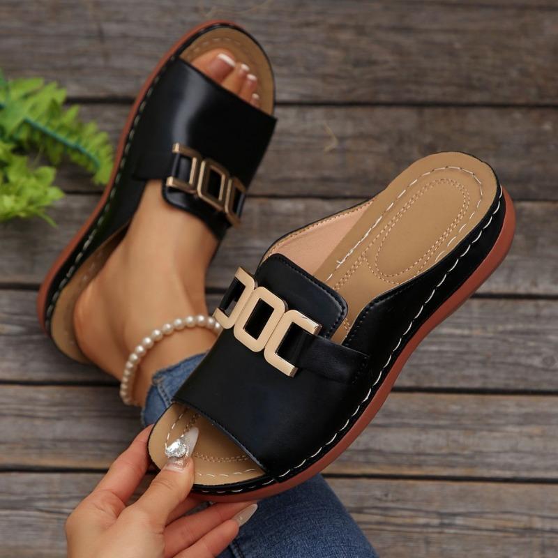 Women's Plus Size Platform Slide Sandals, Metallic Buckle Chunky Heel Summer Shoes