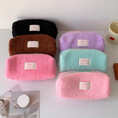 Winter Candy-colored Student Plush Pen Case  Portable Stationery Storage Bag for Girls  Korean-style Travel Makeup Bag and Toiletry Bag