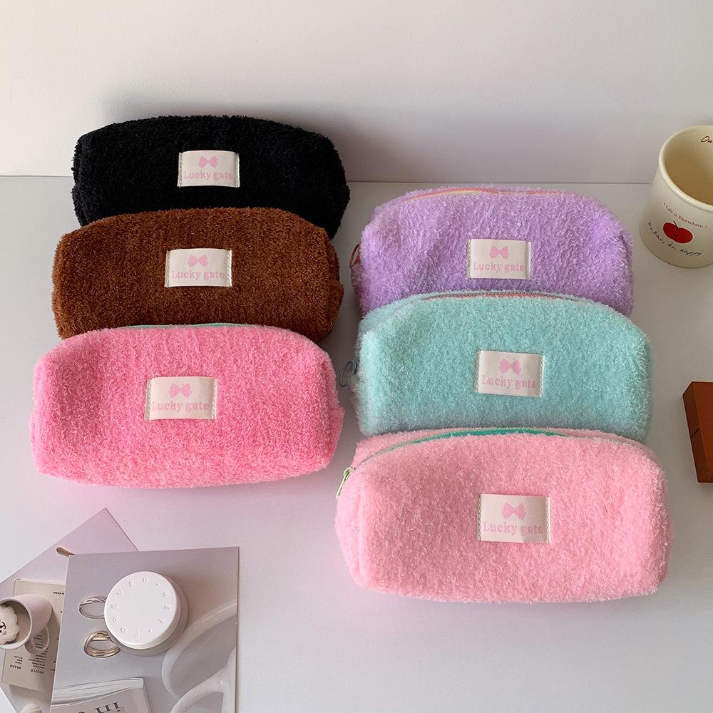 Winter Candy-colored Student Plush Pen Case Portable Stationery Storage Bag for Girls Korean-style Travel Makeup Bag and Toiletry Bag
