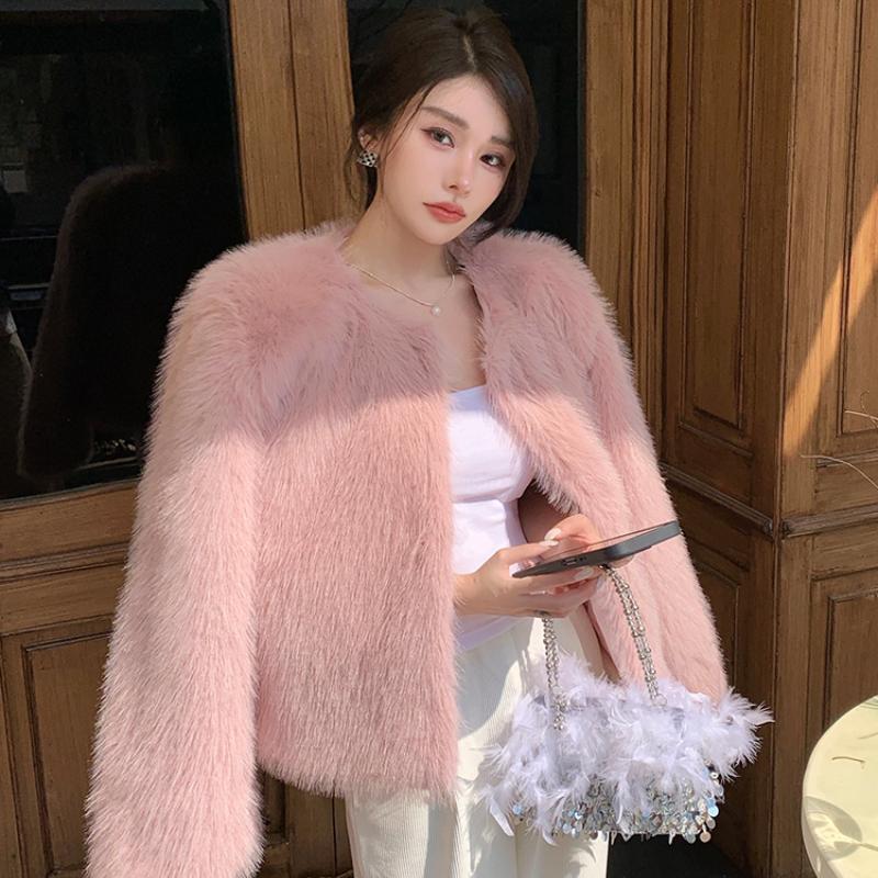 Autumn and Winter Long Sleeve Warm Fox Fur Coats Women Vintage Round Neck Elegant Plush Loose Jackets Women Solid Casual Ladies Outerwear Jacket 25519