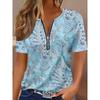 Summer Women's Short Sleeved T-shirt Fashionable and Elegant Zipper V-neck Color Blocked Printed T-shirt Large Size