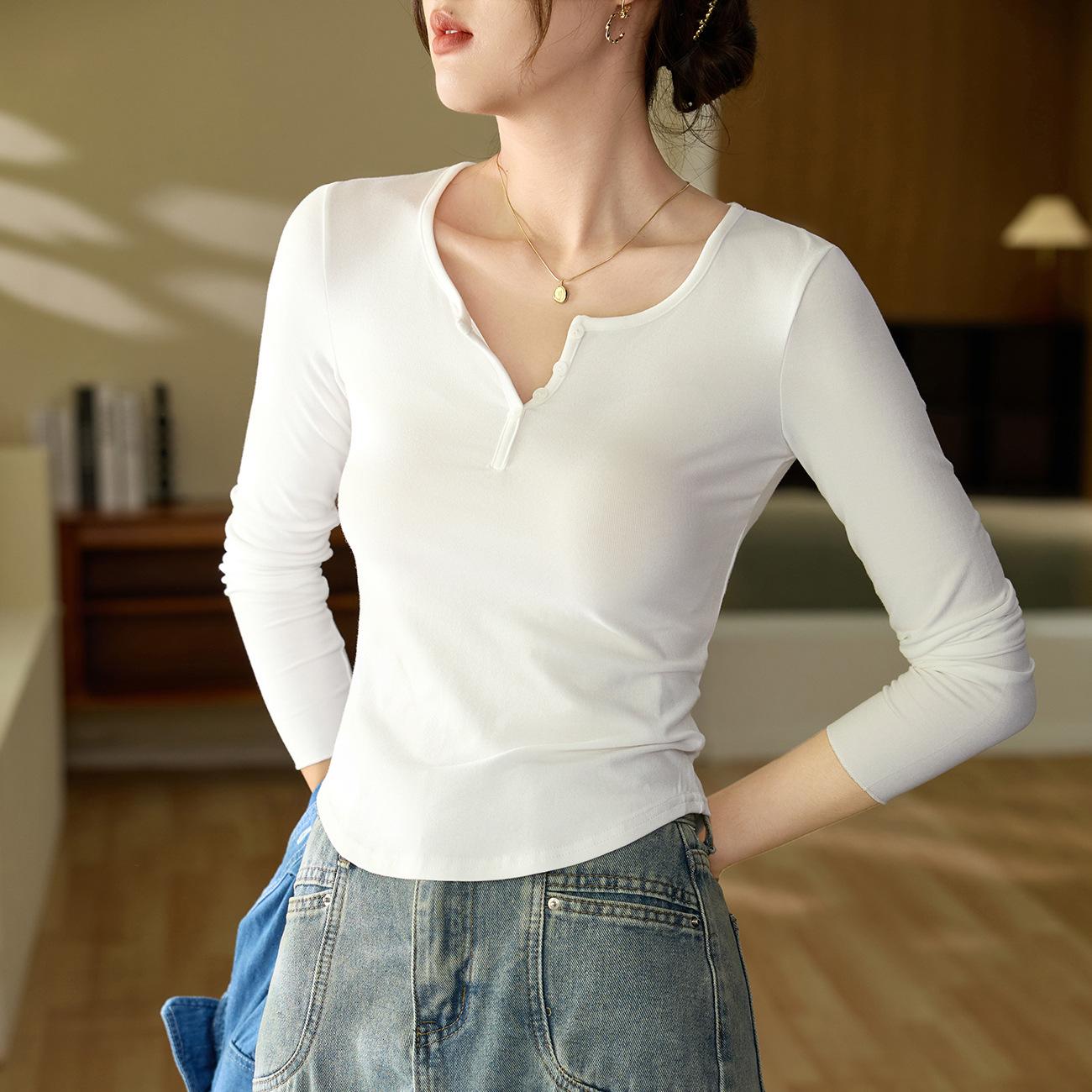 

Модальная хлопковая футболка с пуговицами и полуоткрытым воротником для женщин, с длинным рукавом, осенний новый стиль, базовая рубашка 2XL