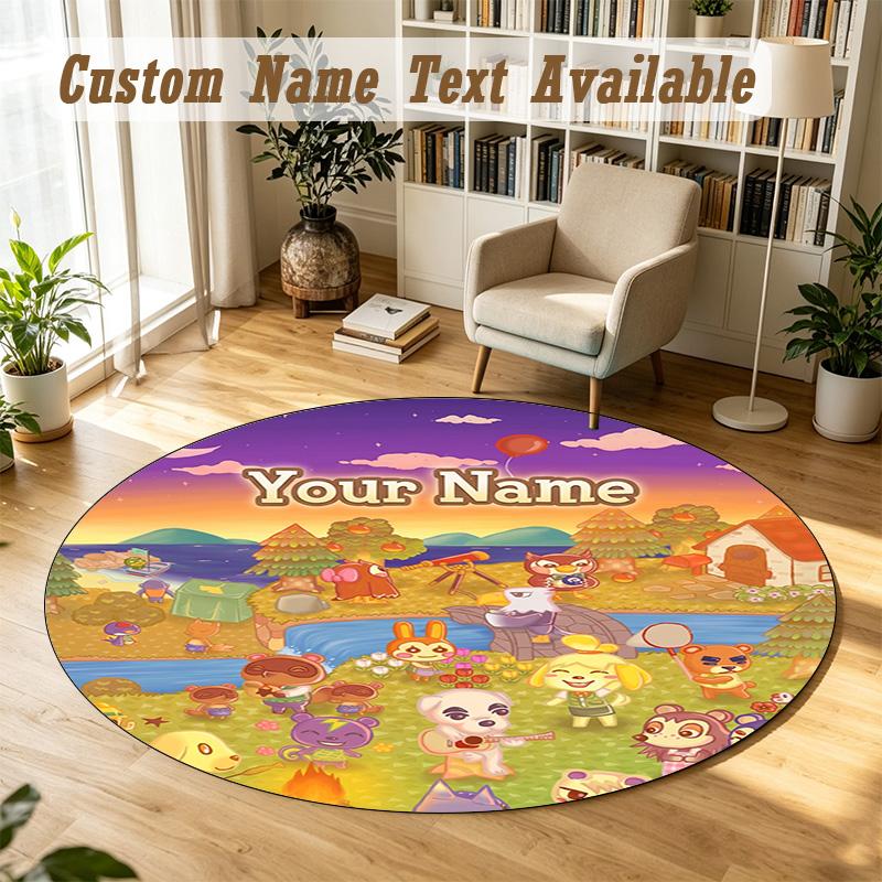 Animal Crossing Personalized Round Rug Support Custom Name, Soft Home Decor Mat