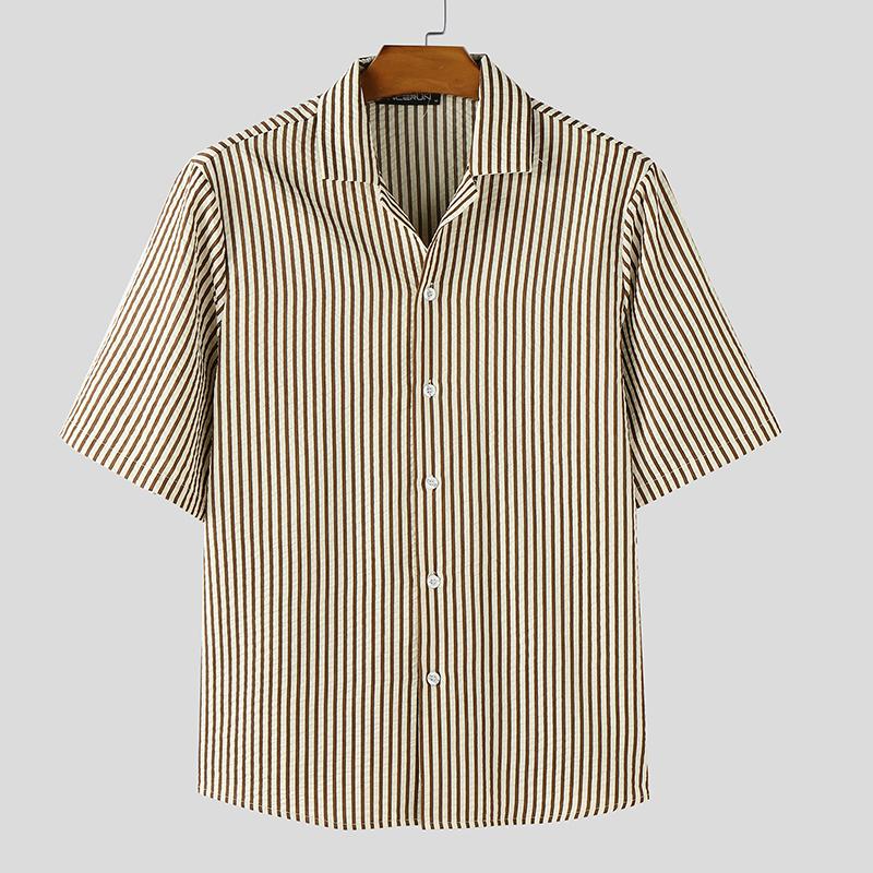 

INCERUN Summer Vintage Men Lapel Neck Short Sleeve Striped Print Casual Shirts 5XL