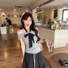 Temperament Spice Girl Storm Point Strap Shoulder Neck Short Sleeve T-Shirt Women's Summer Grey Pleated Waist Off-Shoulder Top