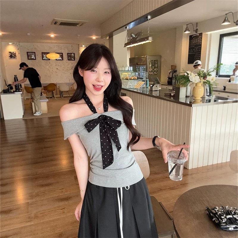 Temperament Spice Girl Storm Point Strap Shoulder Neck Short Sleeve T-Shirt Women's Summer Grey Pleated Waist Off-Shoulder Top