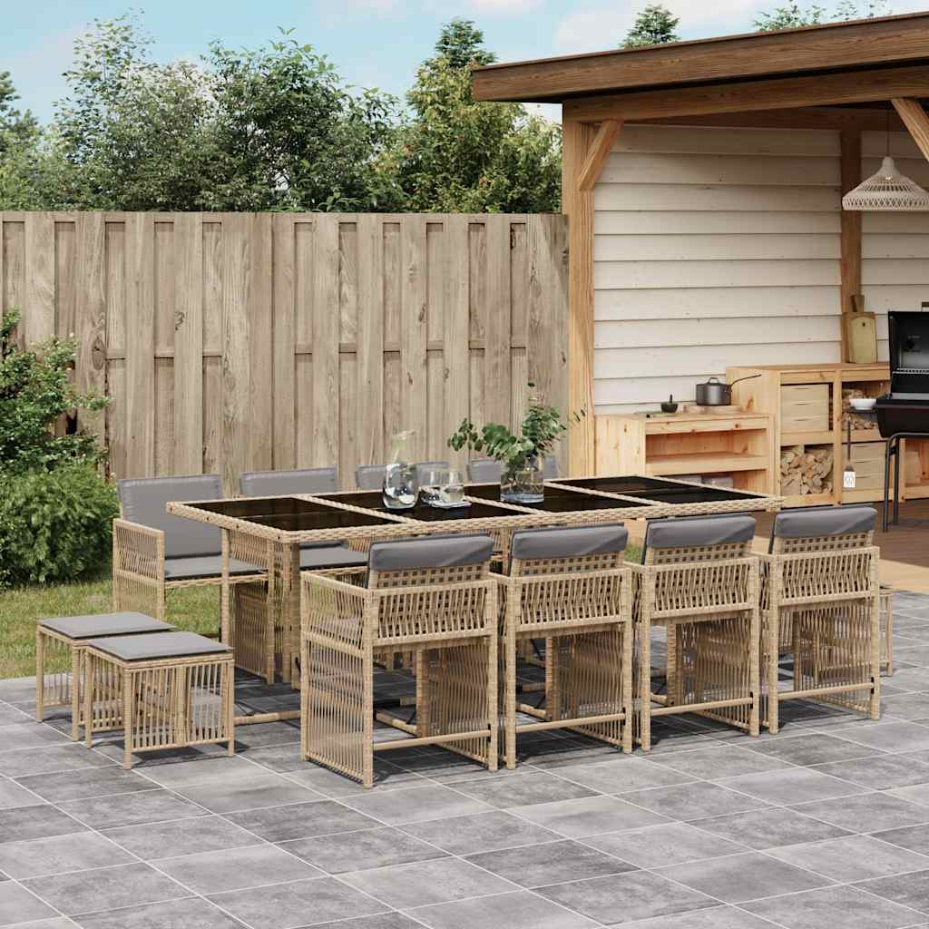 13 Piece Garden Dining Set with Cushions Beige Mix Poly Rattan