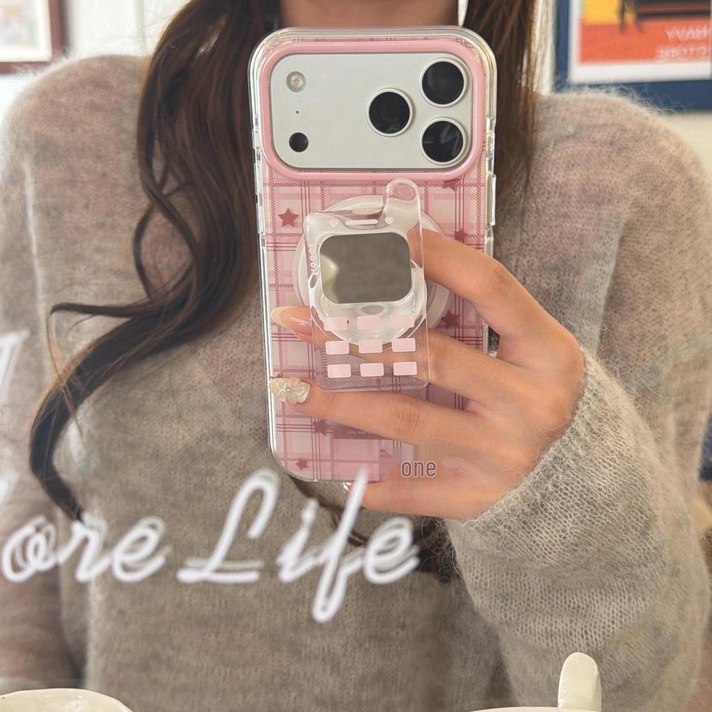 Korean-Style Pink Plaid Star Phone Case for iPhone 16/15/14/17 Pro Max 