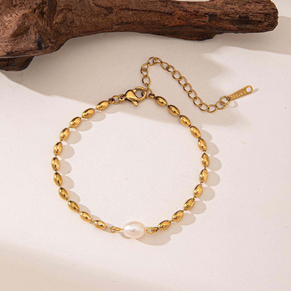 

Ins style Internet celebrity necklace female niche non-fading natural freshwater pearl oval golden bean necklace