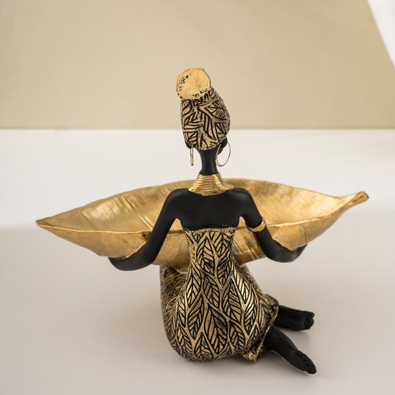 Elegant African Lady Figurine Resins Craft Desktop Statue Sculpture Storage Tray for Cultural Enthusiasts Home Decors