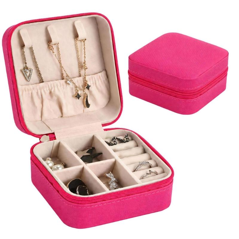 Zippered Leather-Material Jewelry Storage Case with Lid Hooks, Interior Pocket, Ring Rolls, and Removable Dividers