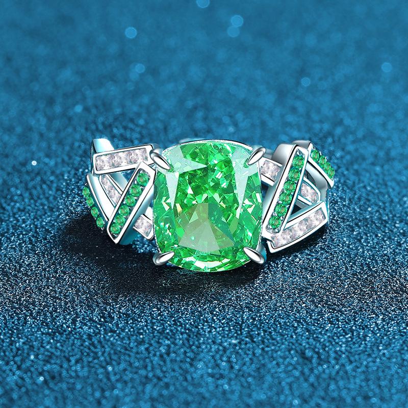 S925 Sterling Silver Emerald Diamond Open Ring - High-End Ice Flower Cut for Women Adjustable Open