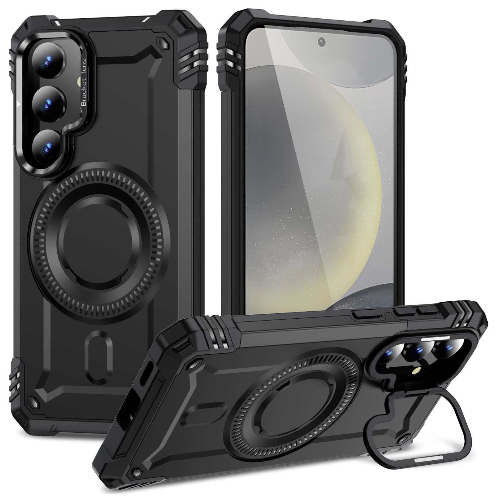 

For Samsung Galaxy S25+ Magnetic Case Lens Kickstand PC + TPU Shockproof Phone Cover A