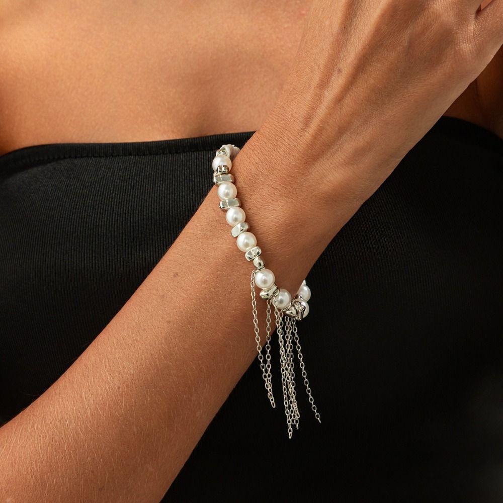 Silver Long Tassel Hand Chain Adjustable Link Chain Bracelets Imitation Pearl Bracelet Unisex